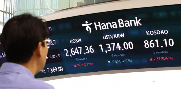 An electro<em></em>nic board showing the Korea Composite Stock Price Index at a dealing room of the Hana Bank headquarters in Seoul on Friday. (Yonhap)