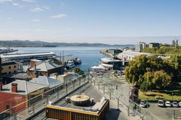 Harbour views from the Aurora Suite terrace at The Tasman, Hobart.